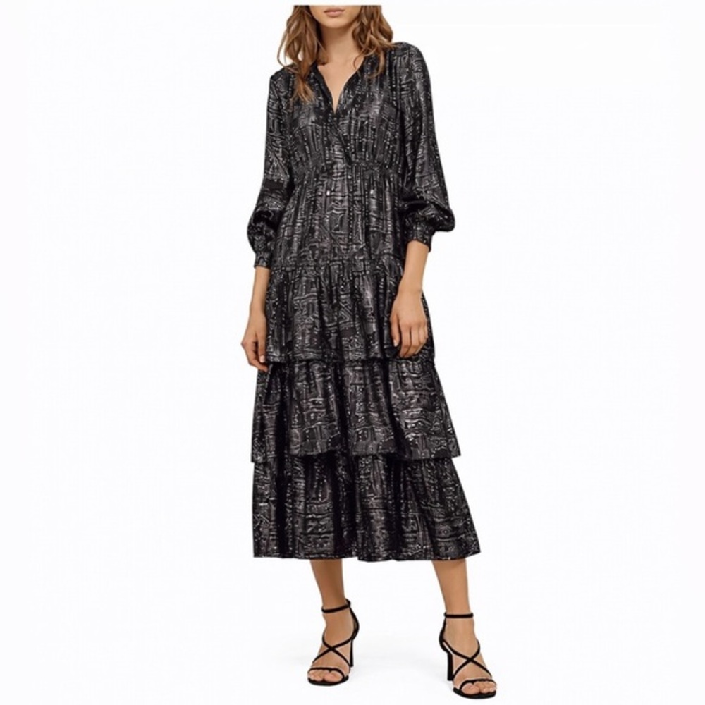 Ba&sh NWT Sophie Black Tiered Midi Dress Women’s Size 6 Silk Metallic‎ Party